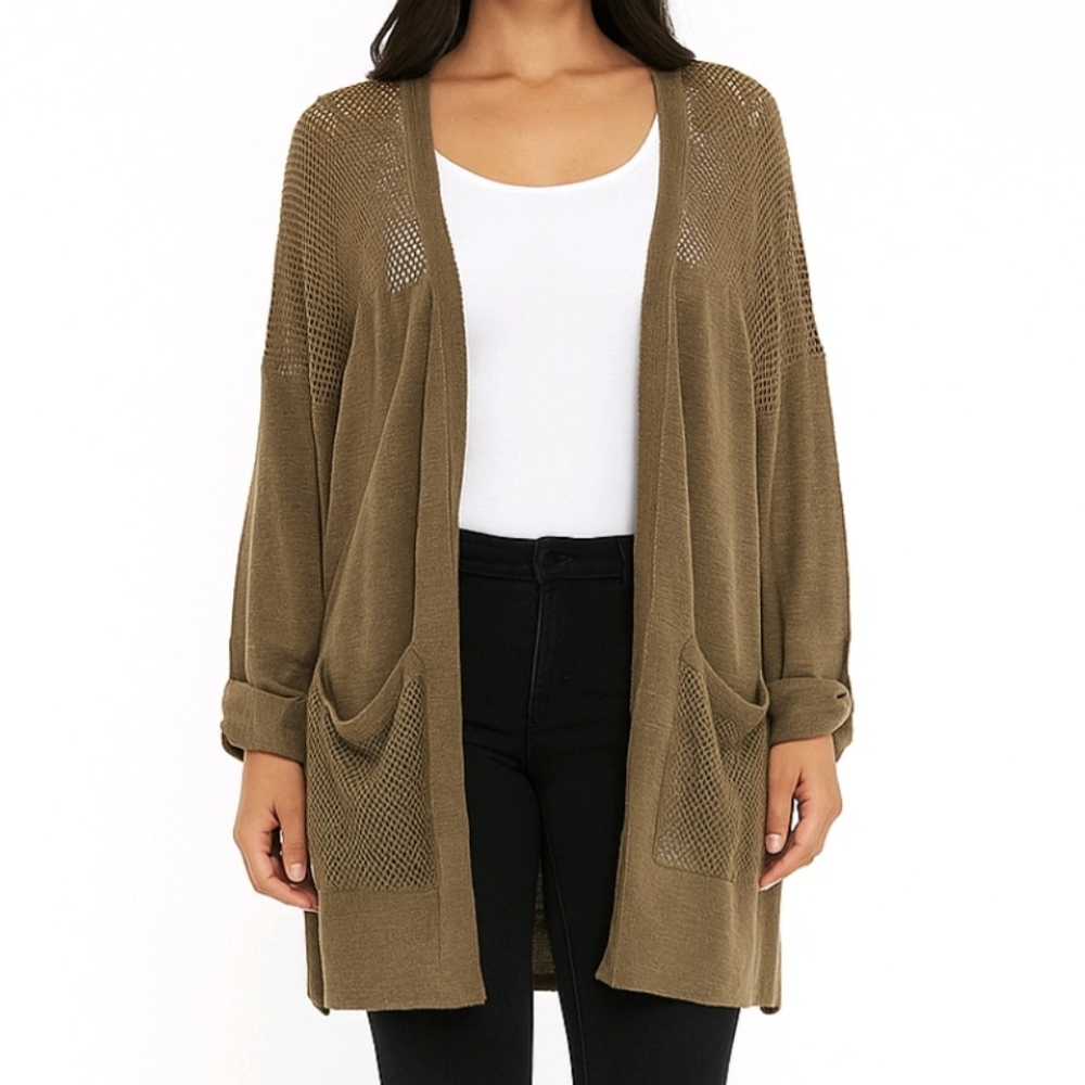 Roz & Ali Sweater Olive Green Linen Blend Long Roll Tab Sleeve Cardigan Size XL